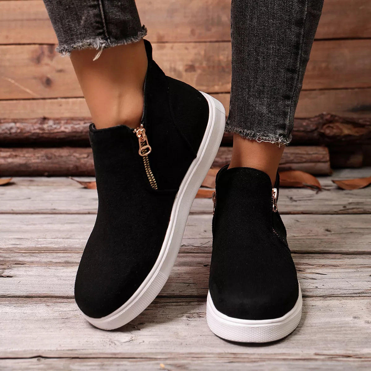 side zipper flat sneakers – modern steps | dropsona - neutral - close-up detail