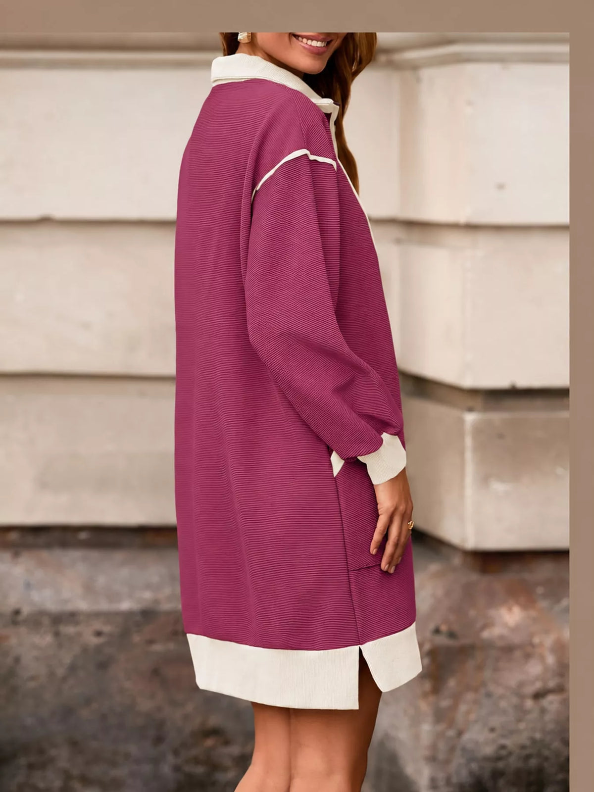 color block quarter-zip sweatshirt dress | dropsona - neutral - usage example