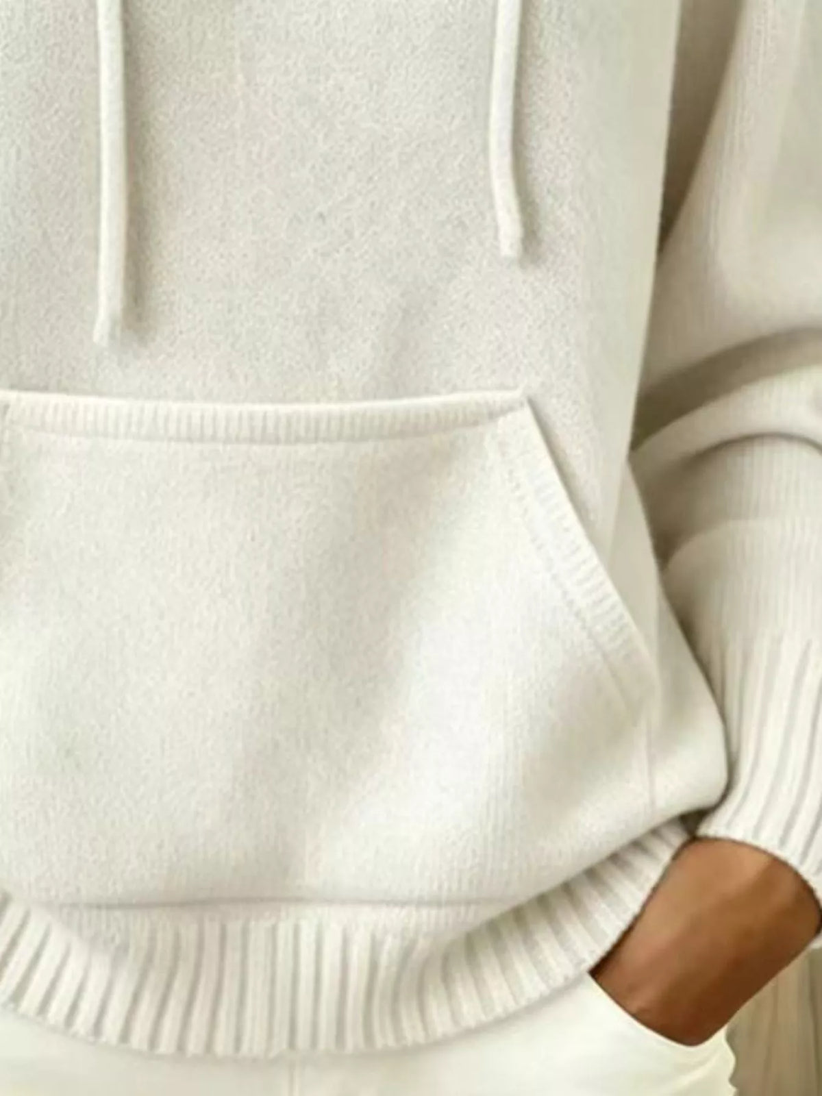 full size drawstring kangaroo pocket hooded sweater | dropsona - neutral - close-up detail