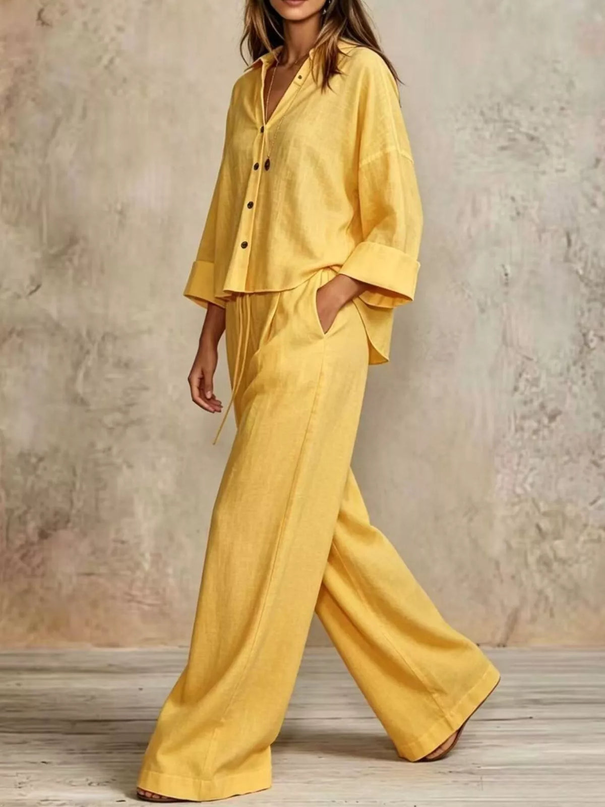 full size button-down shirt and wide-leg pants set | dropsona - neutral - packaging