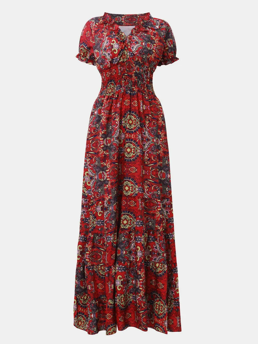 full size smocked printed v-neck short sleeve dress - material texture
