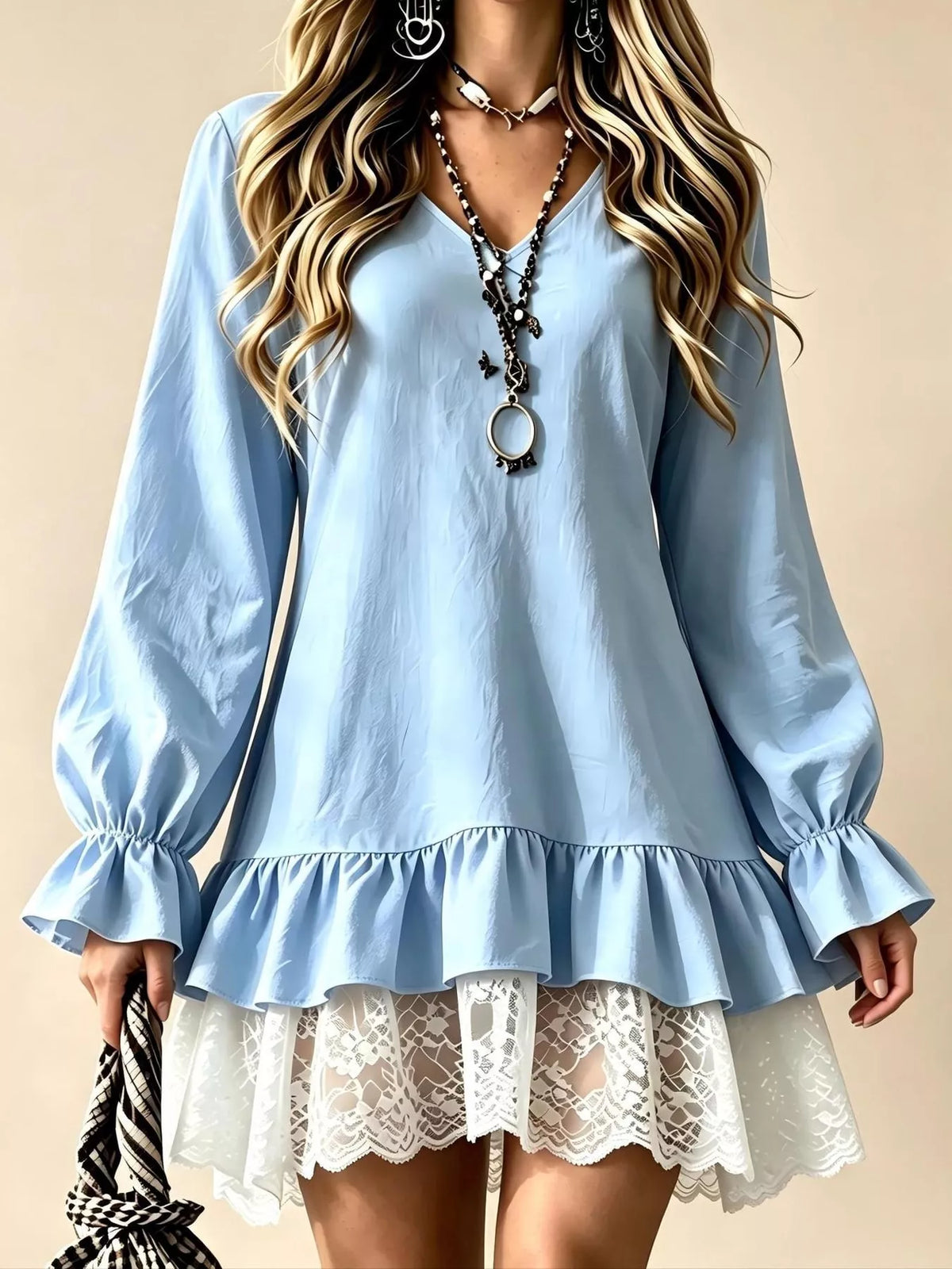 lace hem v-neck flounce sleeve dress | dropsona - neutral - front view