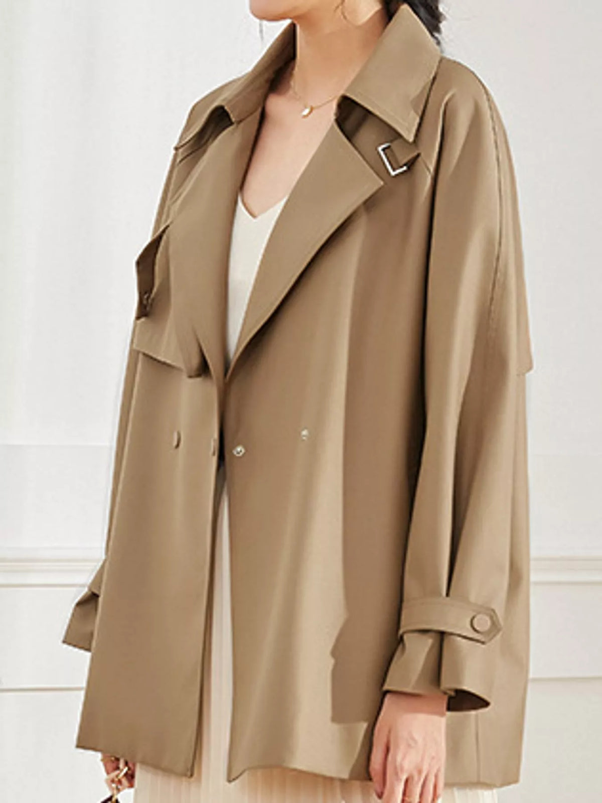 double-breasted tie waist trench coat | dropsona - neutral - close-up detail