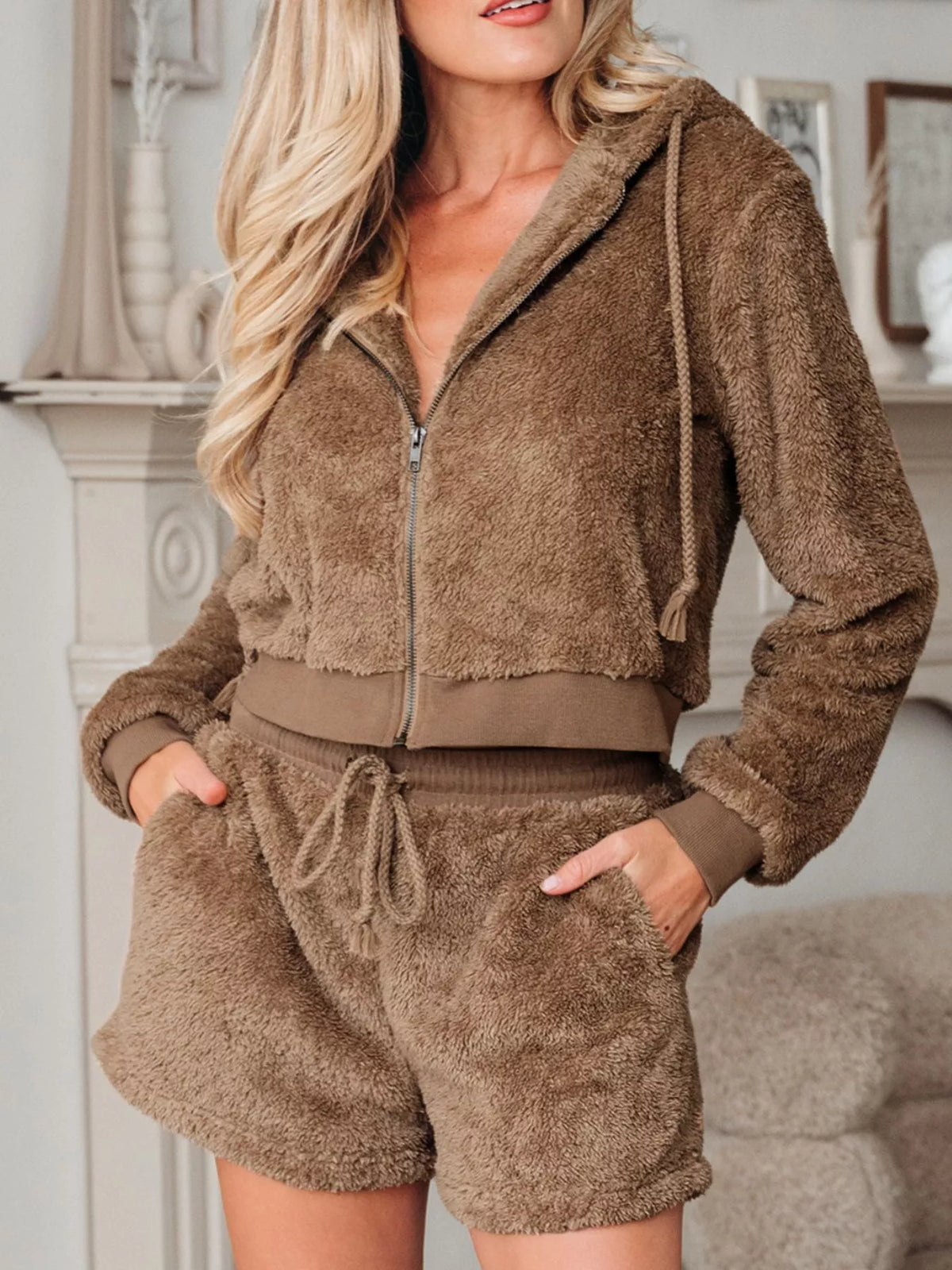 zip up hoodie and drawstring shorts 2pcs outfit | dropsona - neutral - close-up detail