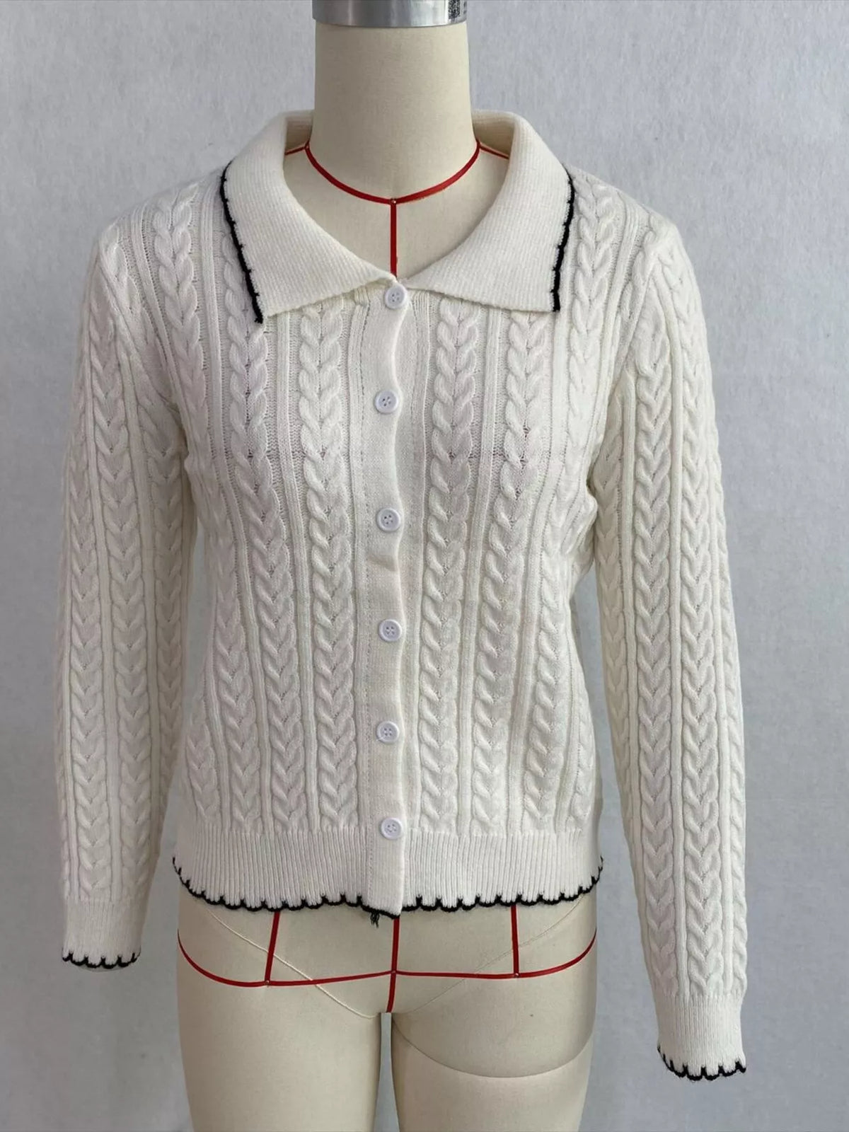 cable knit polo collar button-up cardigan | dropsona - neutral - usage example