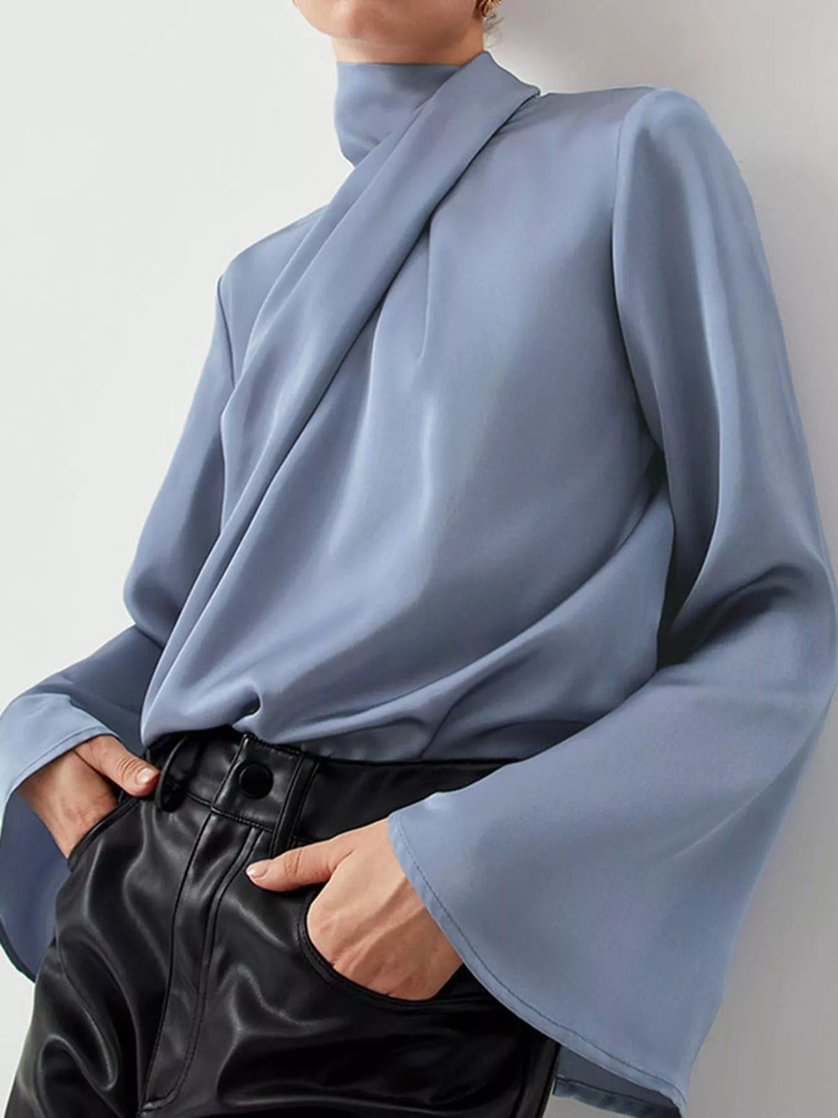 satin mock neck blouse – twisted,asymmetrical fit | dropsona - neutral - front view