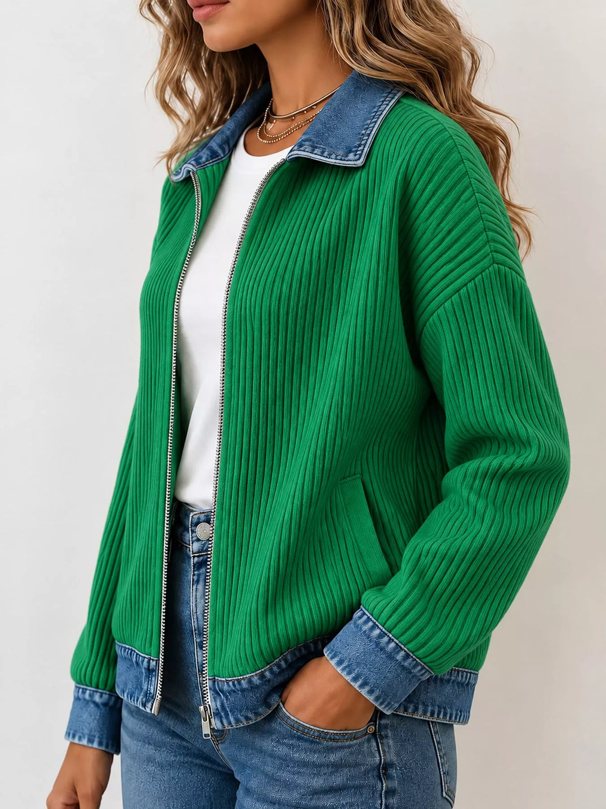 full size denim-collar ribbed knit zip-up jacket plus | dropsona - neutral - size reference