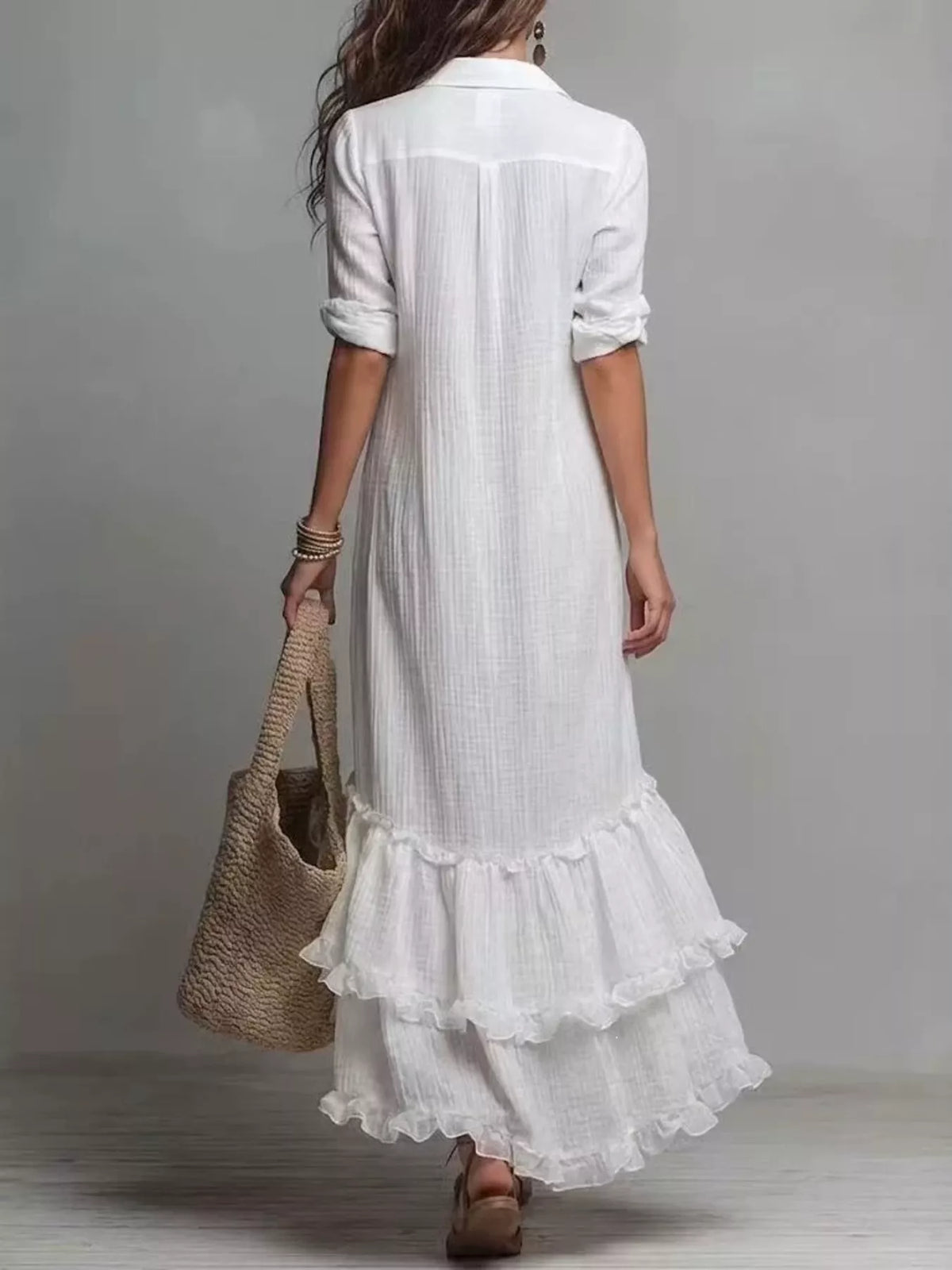 boho chic button-down ruffled high-low maxi dress | dropsona - neutral - size reference