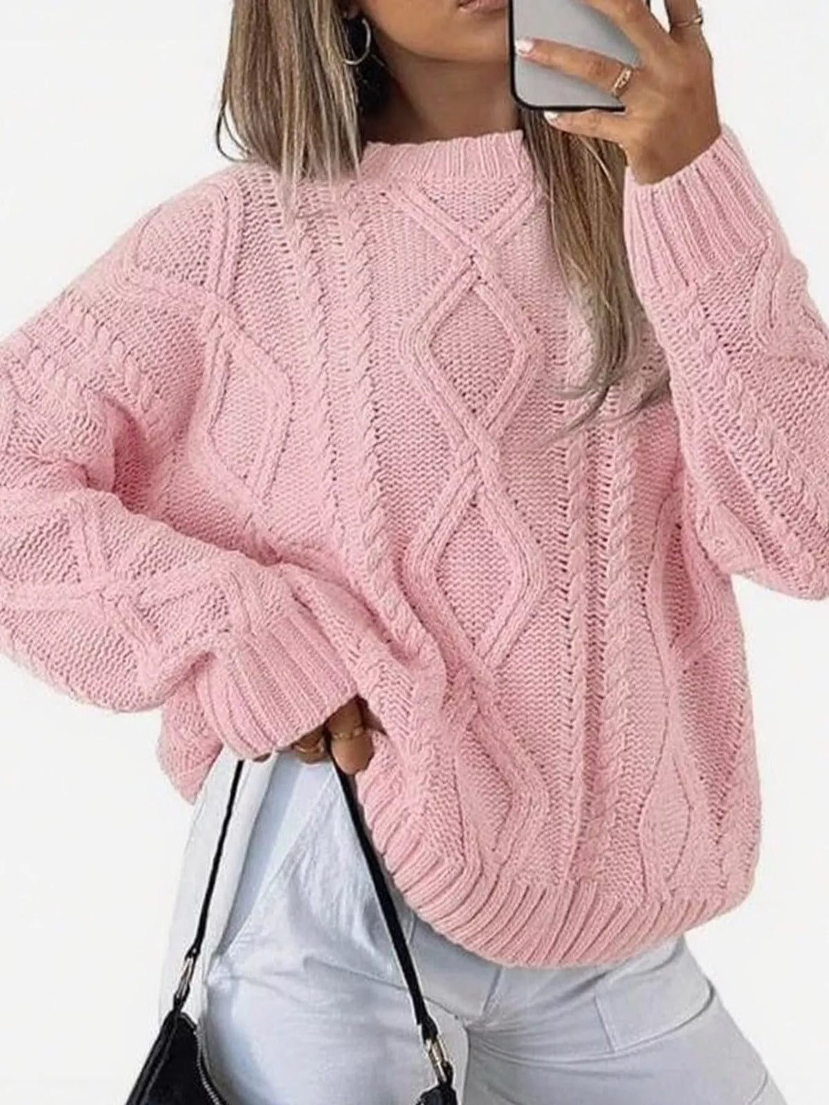 full size cable-knit round neck sweater plus | dropsona - neutral - front view