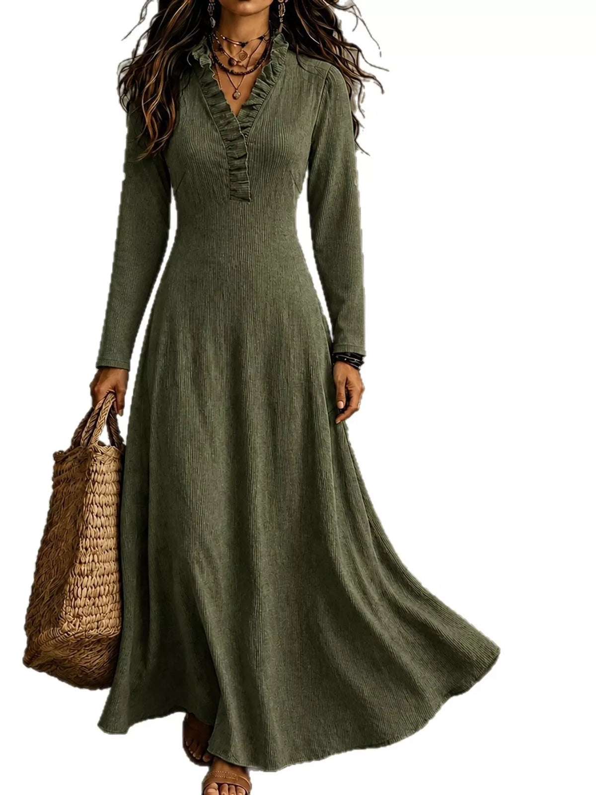 full size frill roll-up sleeve maxi dress plus | dropsona - neutral - front view