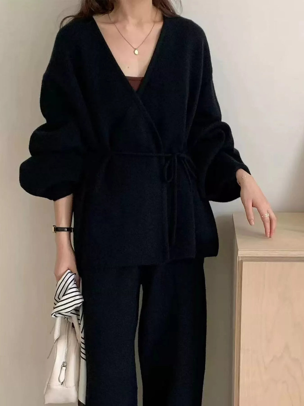 elegant v-neck wrap cardigan and wide-leg pants | dropsona - neutral - usage example