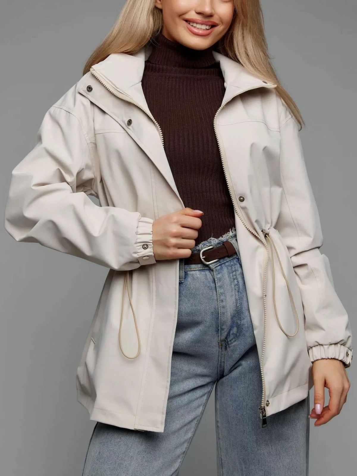 hooded windbreaker jacket with drawstring waist | dropsona - neutral - close-up detail