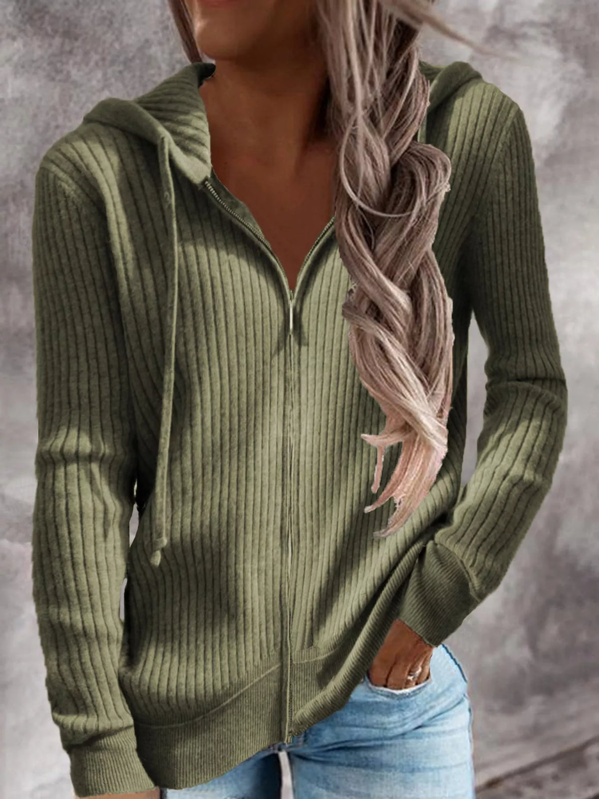 full size ribbed knit zip-up hooded cardigan plus | dropsona - neutral - material texture