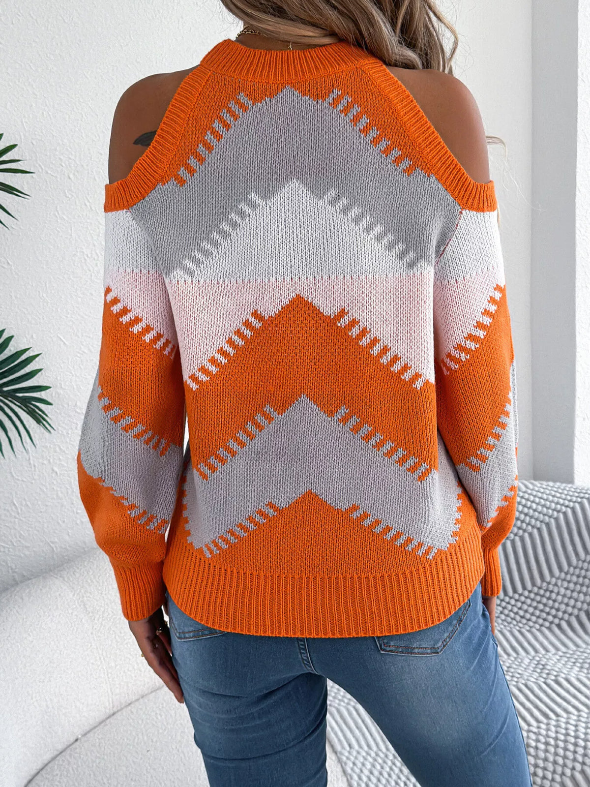 cold shoulder chevron pattern knit sweater | dropsona - neutral - usage example