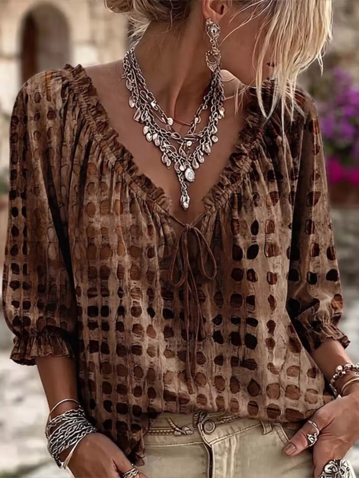 full size tie neck 3/4 sleeve blouse plus | dropsona - neutral - packaging