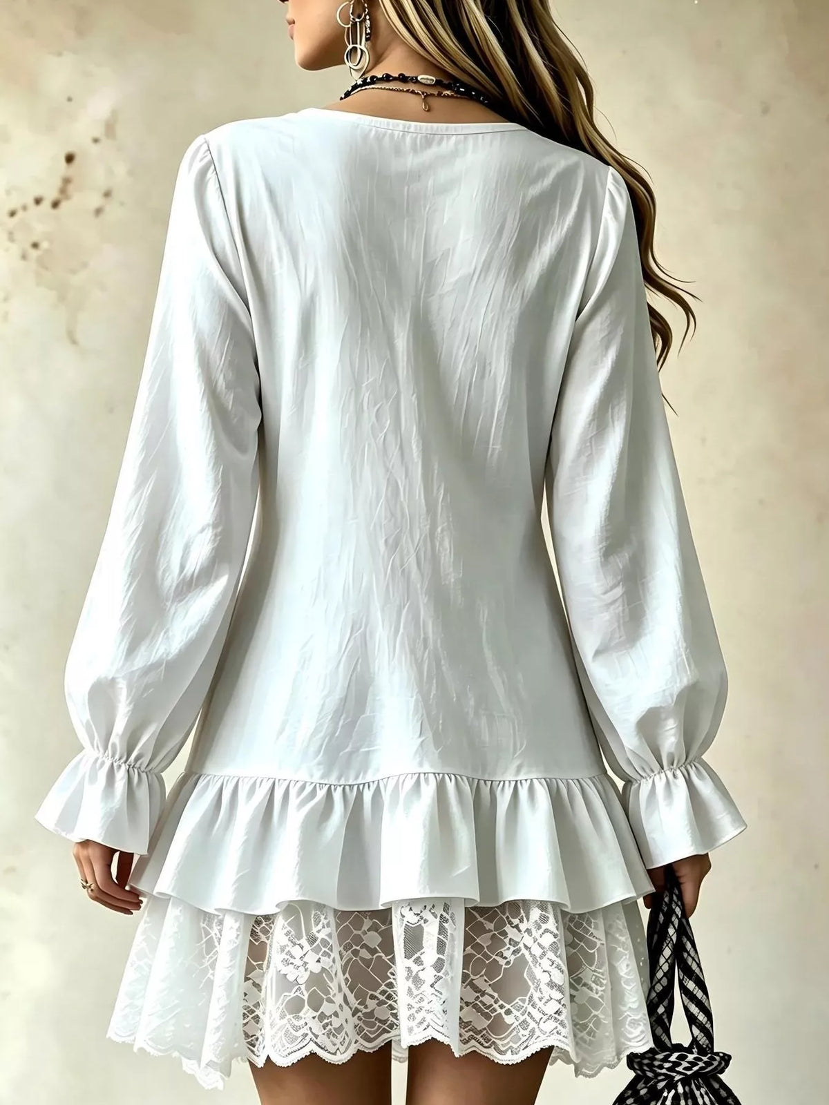 v-neck long sleeve ruffle hem lace trim mini dress | dropsona - neutral - close-up detail
