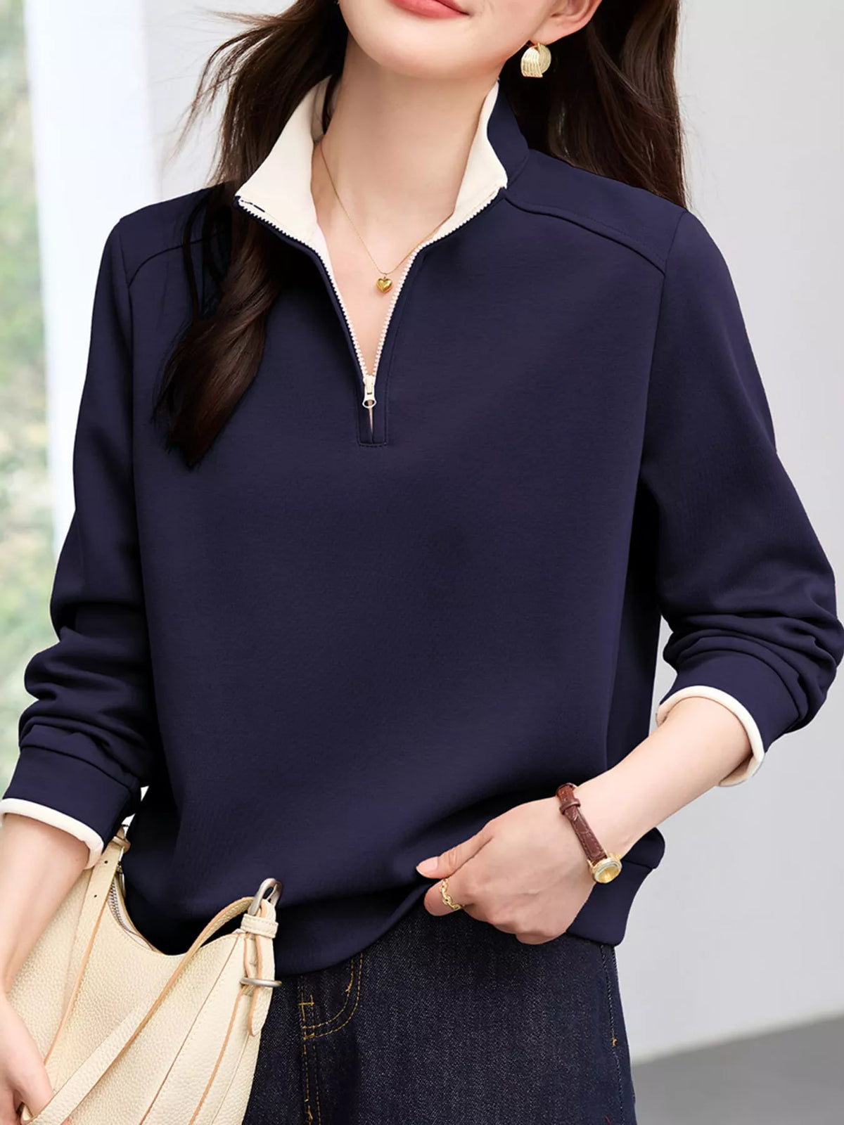 plus size quarter-zip sweatshirt with contrast collar | dropsona - neutral - size reference