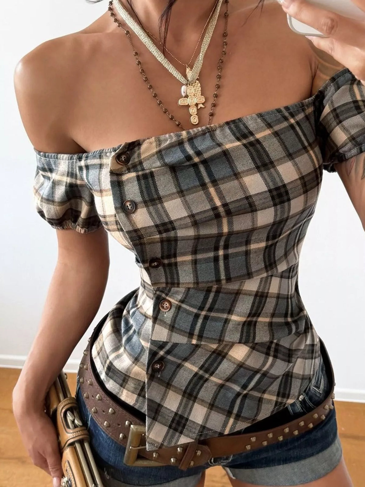 off-shoulder plaid blouse – buttoned,asymmetrical | dropsona - neutral - front view