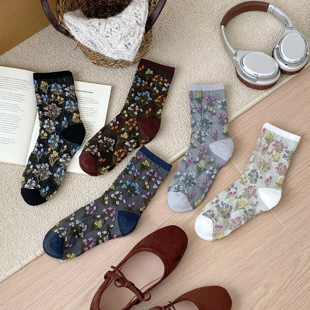 5 pair vintage floral embroidered crew socks – candy | dropsona - neutral - packaging
