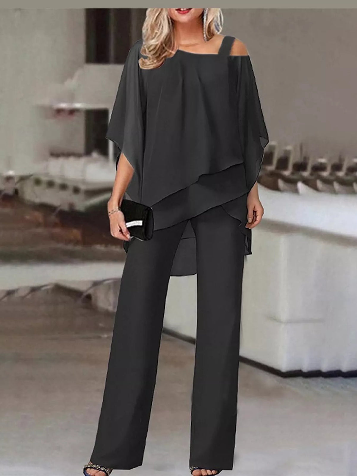 full size cold-shoulder layered top and wide-leg | dropsona - neutral - close-up detail