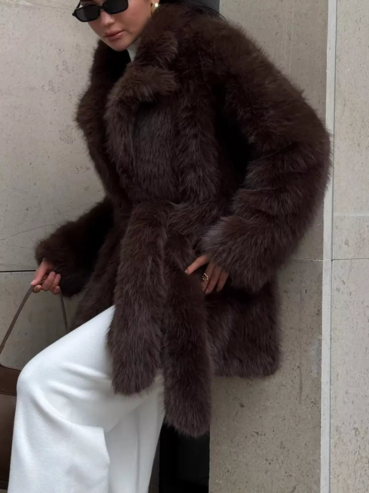 faux fur belted winter outerwear – thermal fit | dropsona - neutral - close-up detail