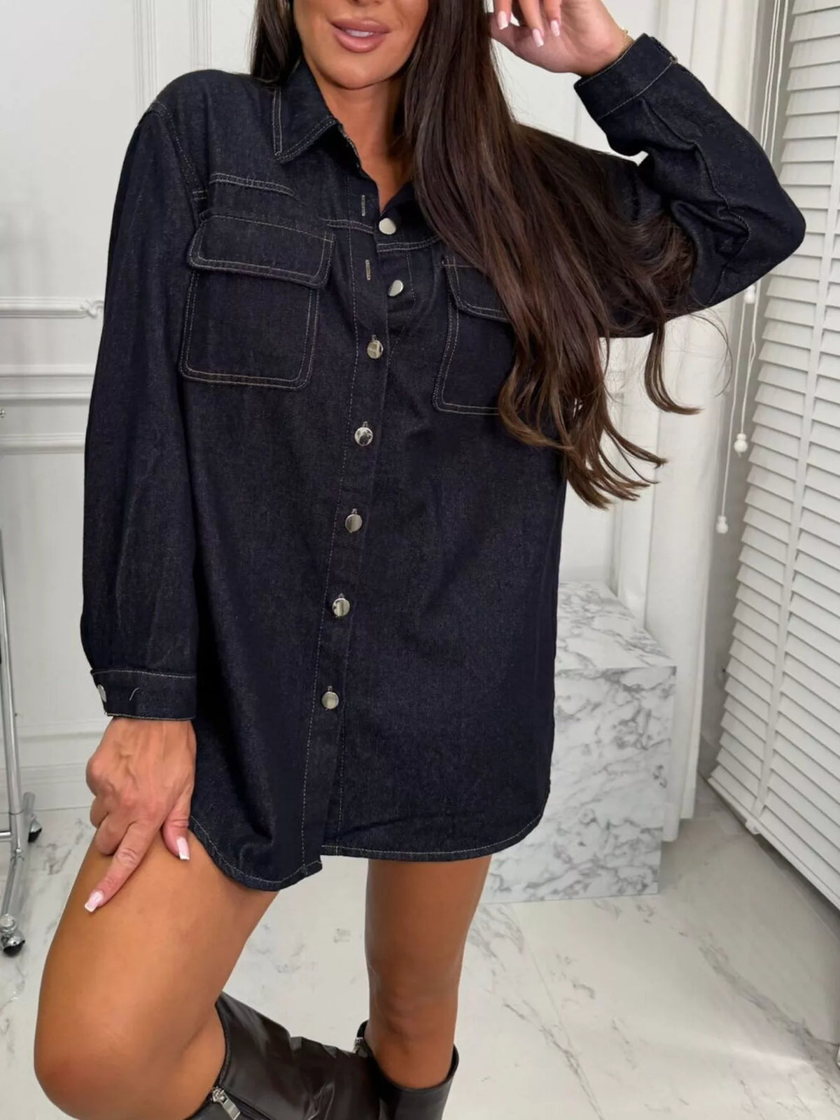 vintage washed denim jacket with chest pockets | dropsona - neutral - front view