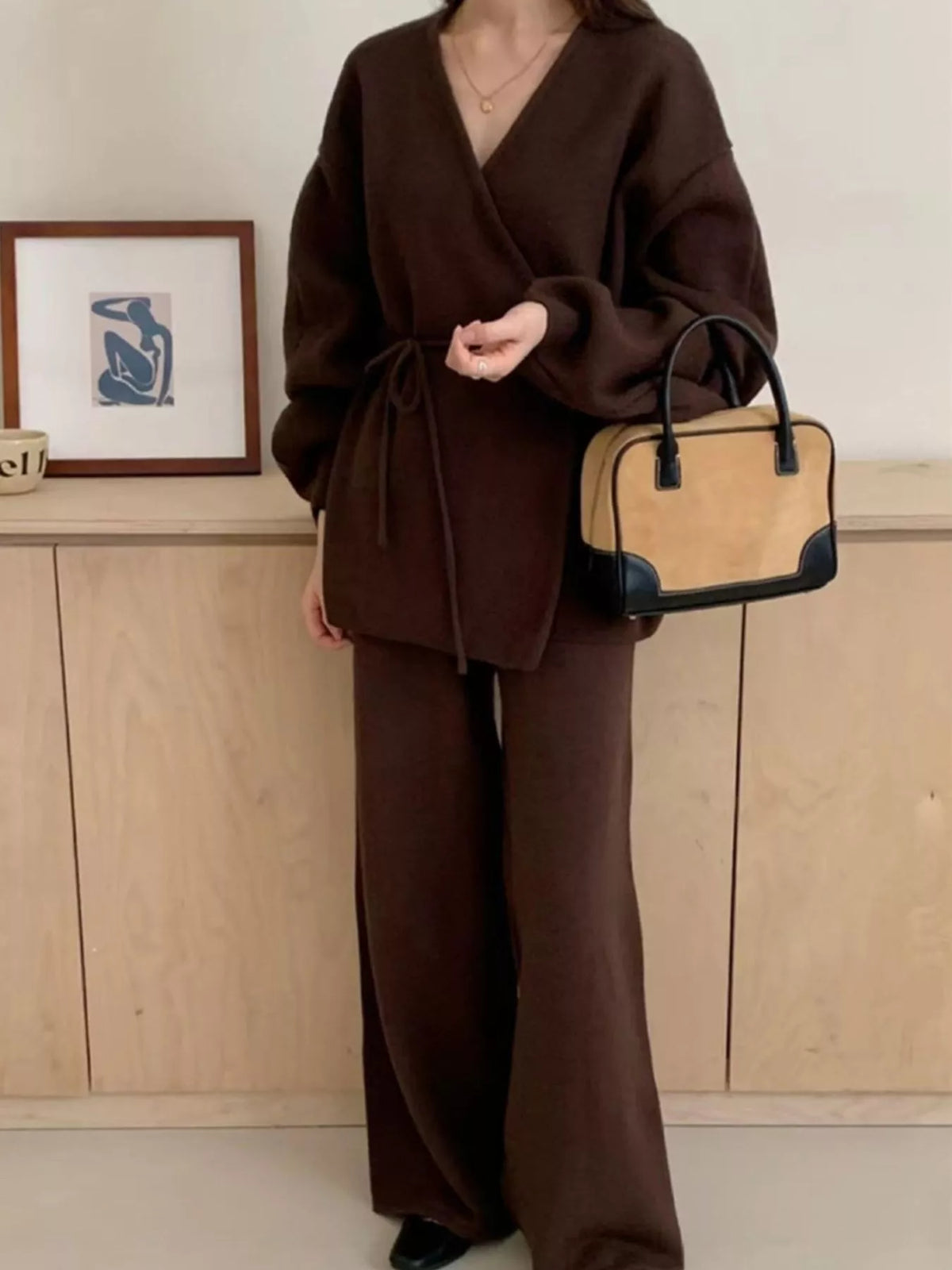 v-neck tied wrap cardigan and wide-leg pants sweater | dropsona - neutral - size reference
