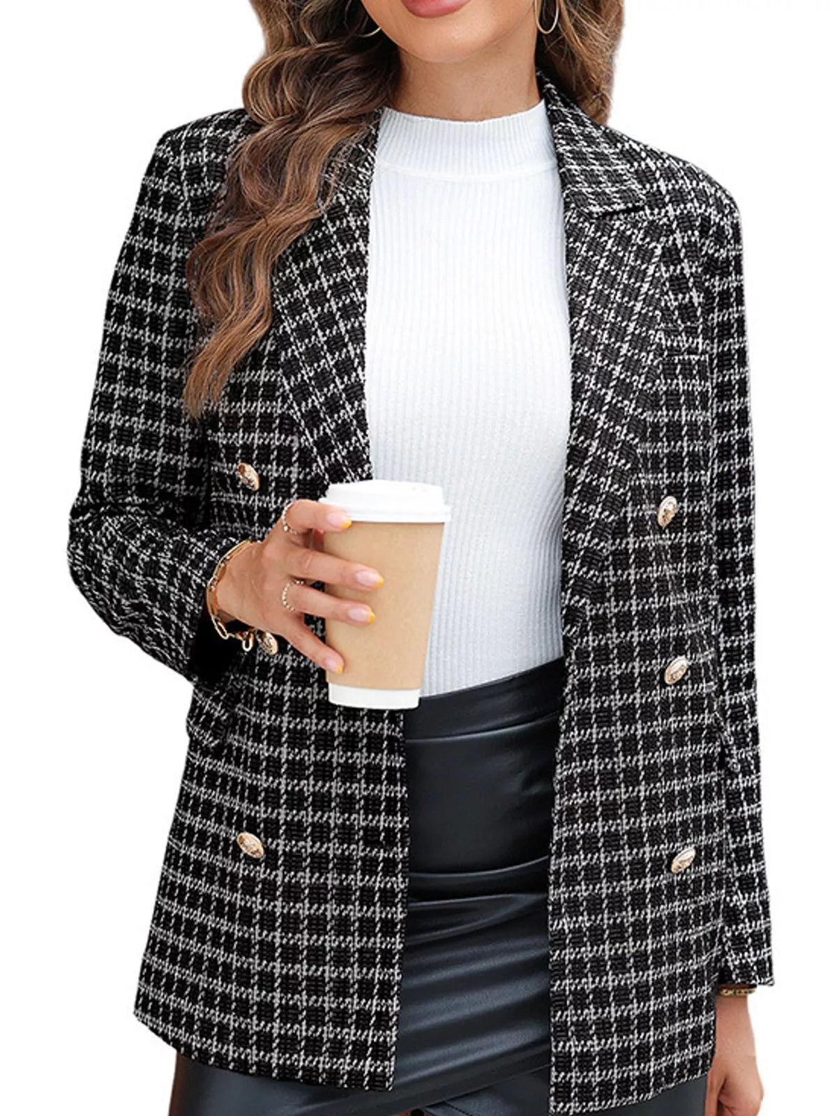 plaid double-breasted blazer | dropsona polyester - neutral - everyday use