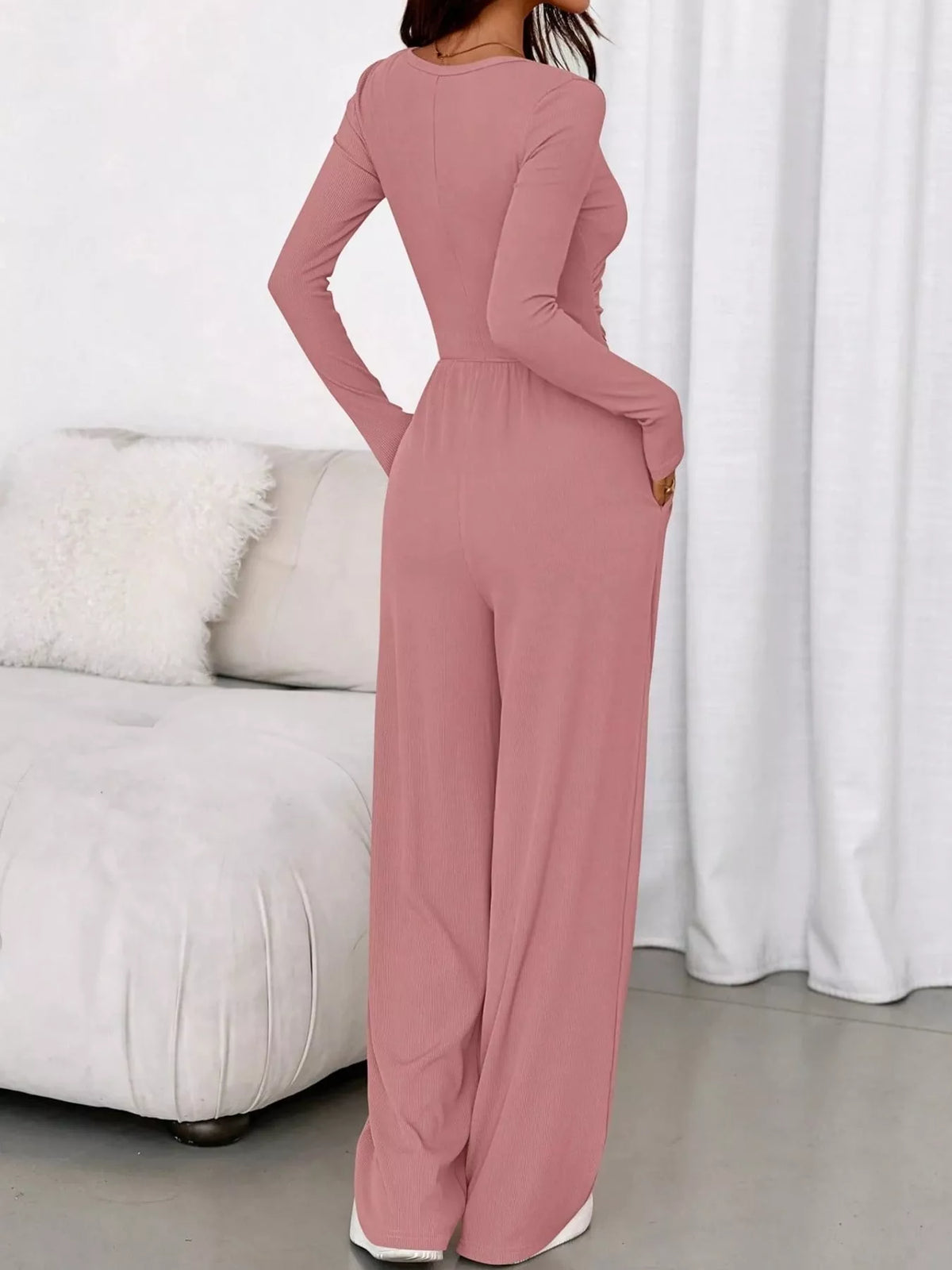 long sleeve ribbed knit wide leg jumpsuit | dropsona - neutral - material texture