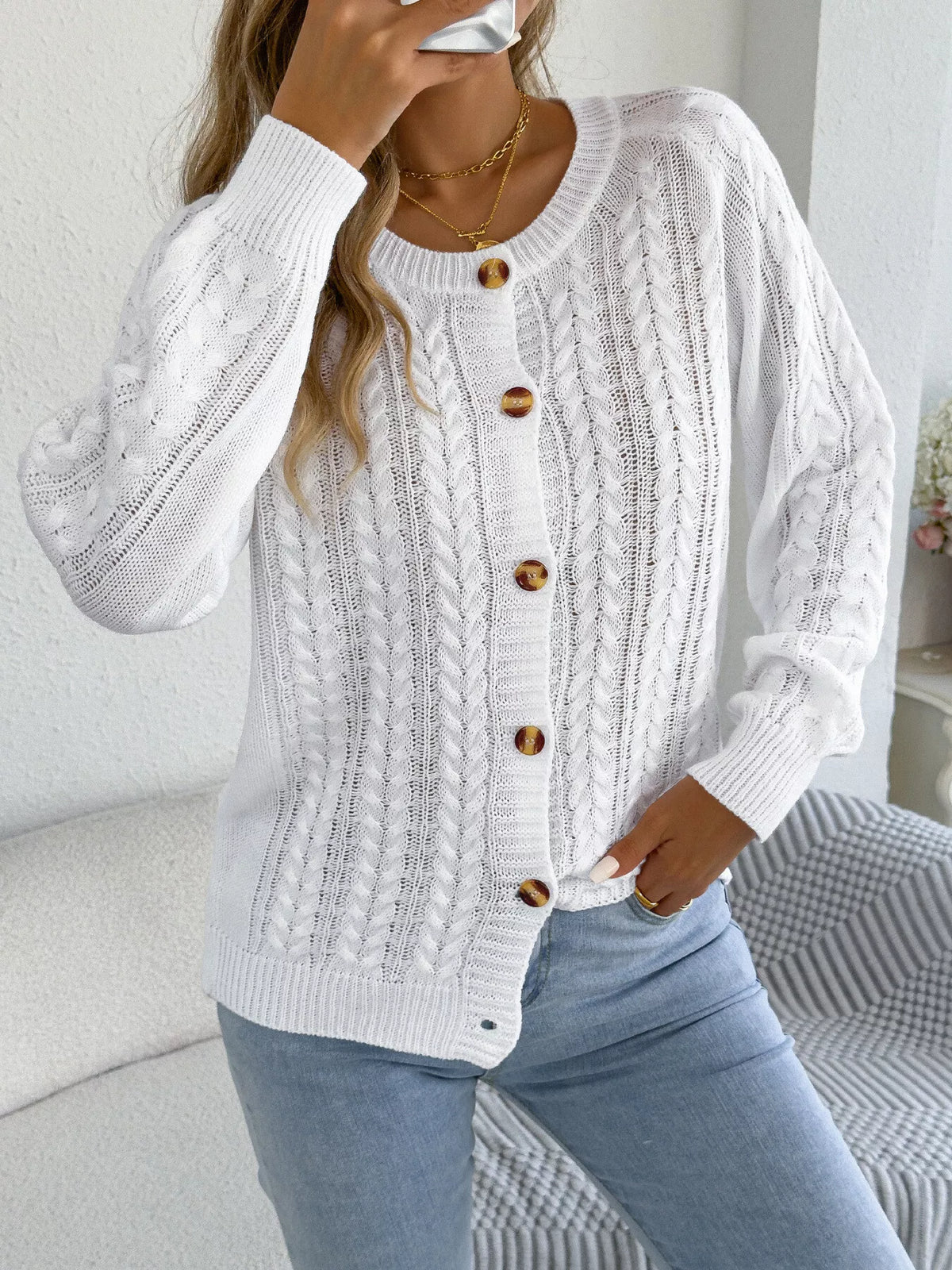 cable knit button-front cardigan – cable-knit,buttoned | dropsona - neutral - size reference