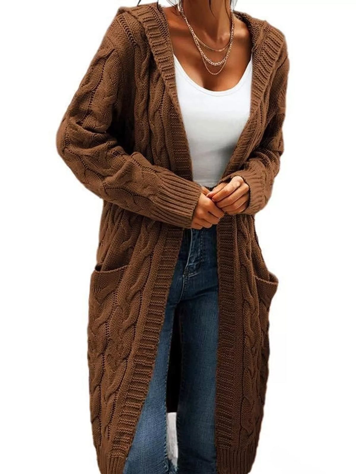 full size hooded cable knit longline cardigan plus | dropsona - neutral - everyday use