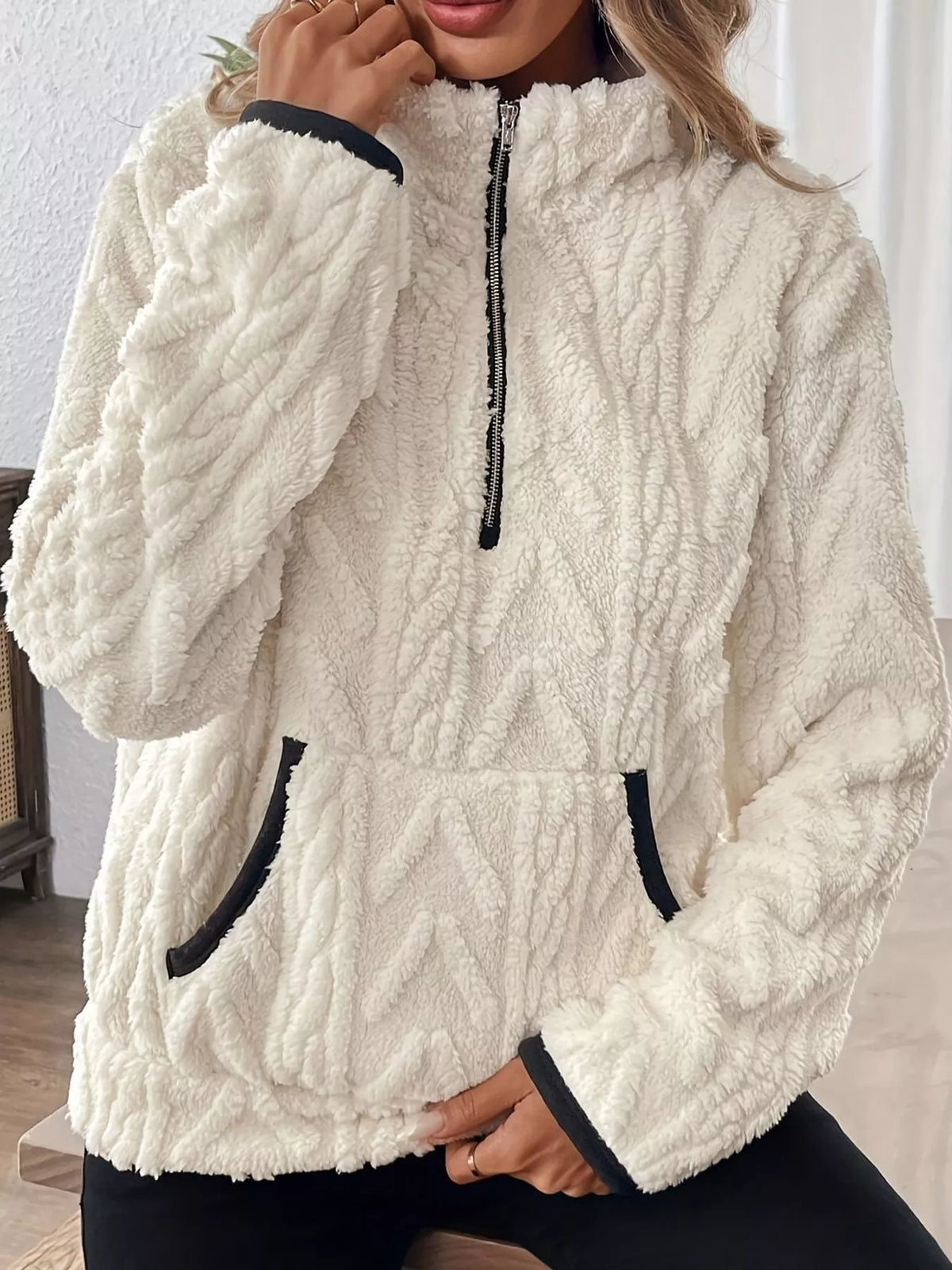 full size quarter-zip sherpa sweatshirt plus | dropsona - neutral - material texture