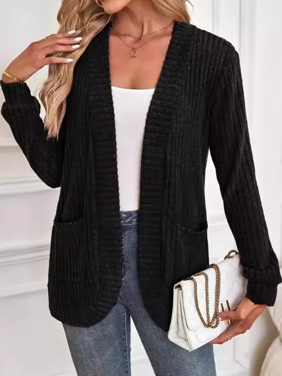 ribbed knit open front cardigan with pockets | dropsona - neutral - material texture