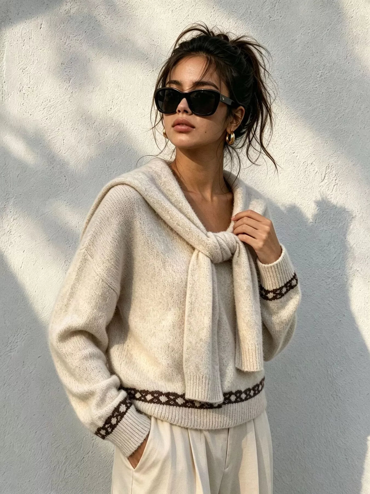 scarf detail dropped shoulder sweater – basic style | dropsona - neutral - size reference