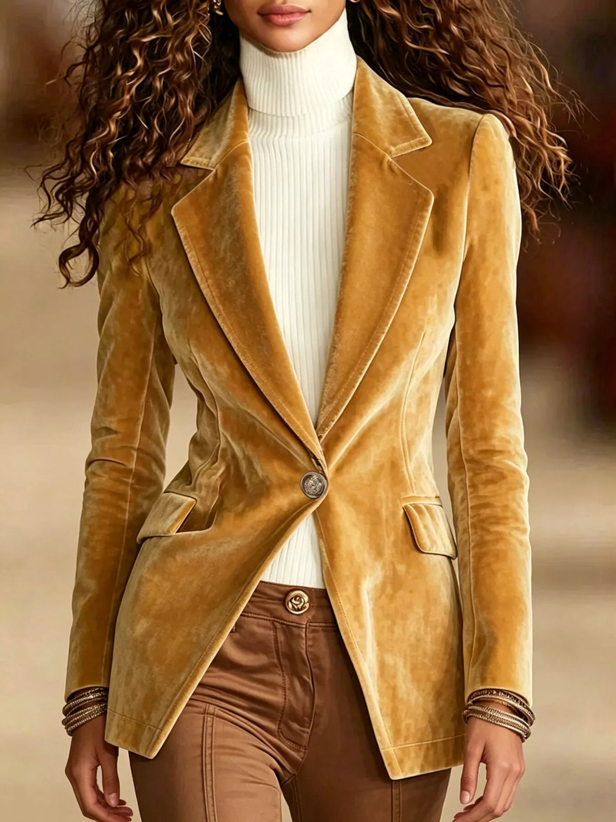 velvet one-button long sleeve blazer | dropsona - neutral - material texture