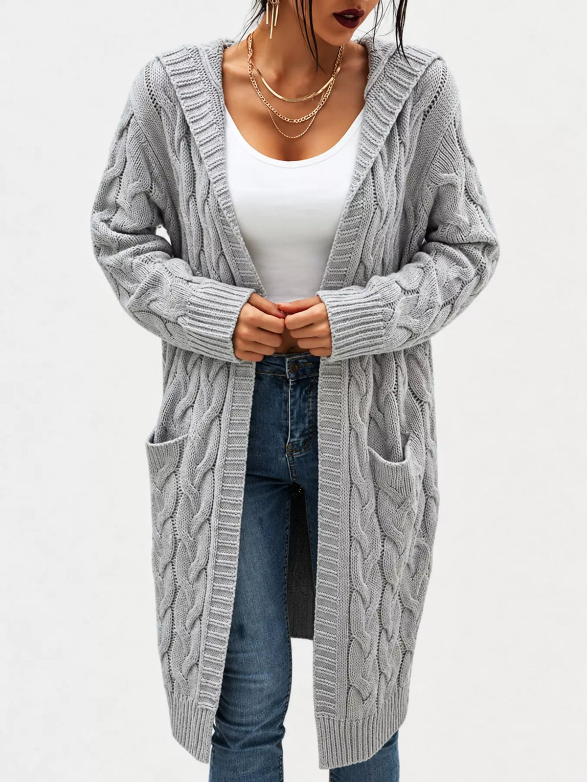 full size hooded cable knit longline cardigan plus | dropsona - neutral - close-up detail