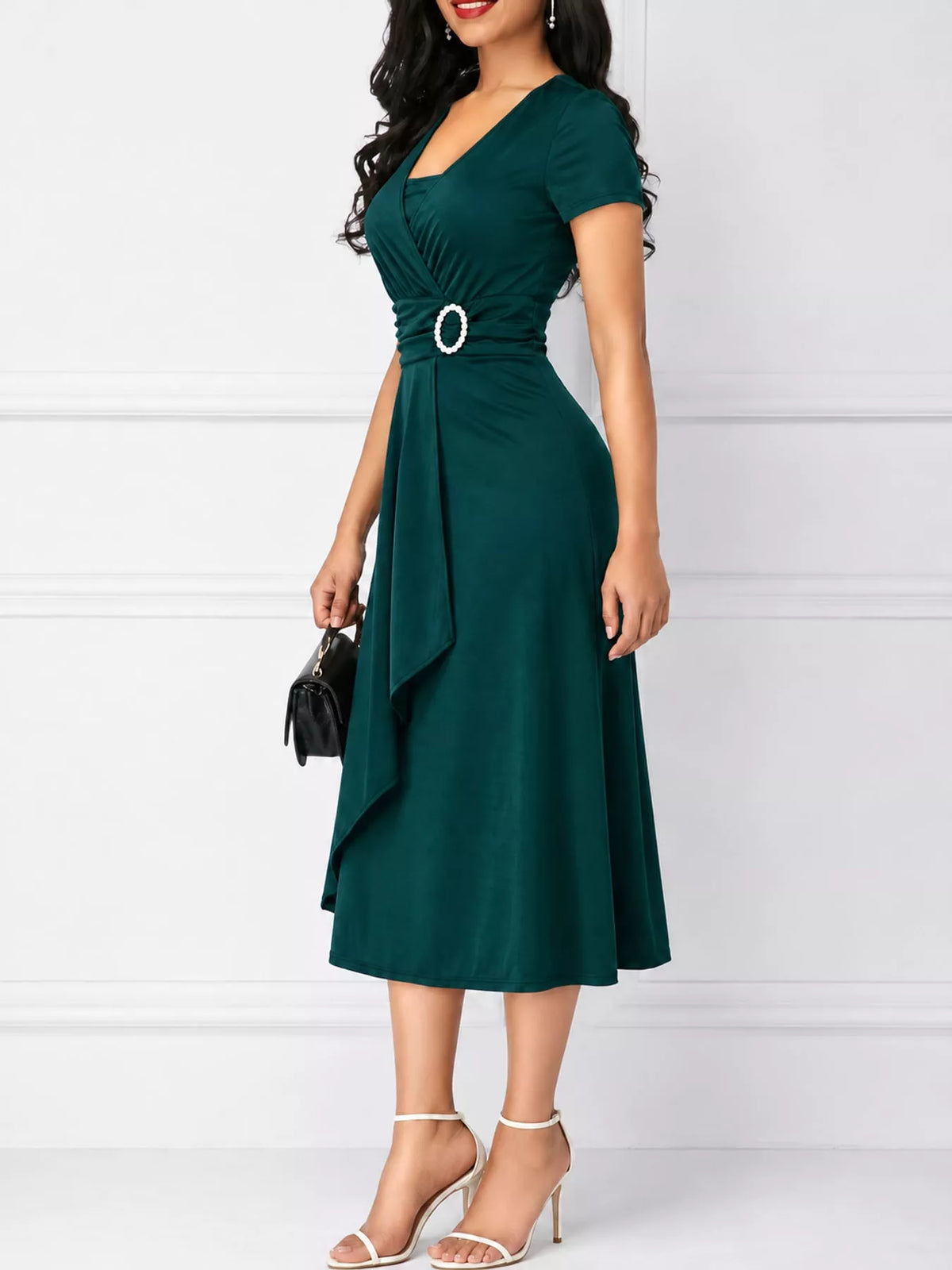 full size decorative buckle short sleeve dress plus | dropsona - neutral - front view