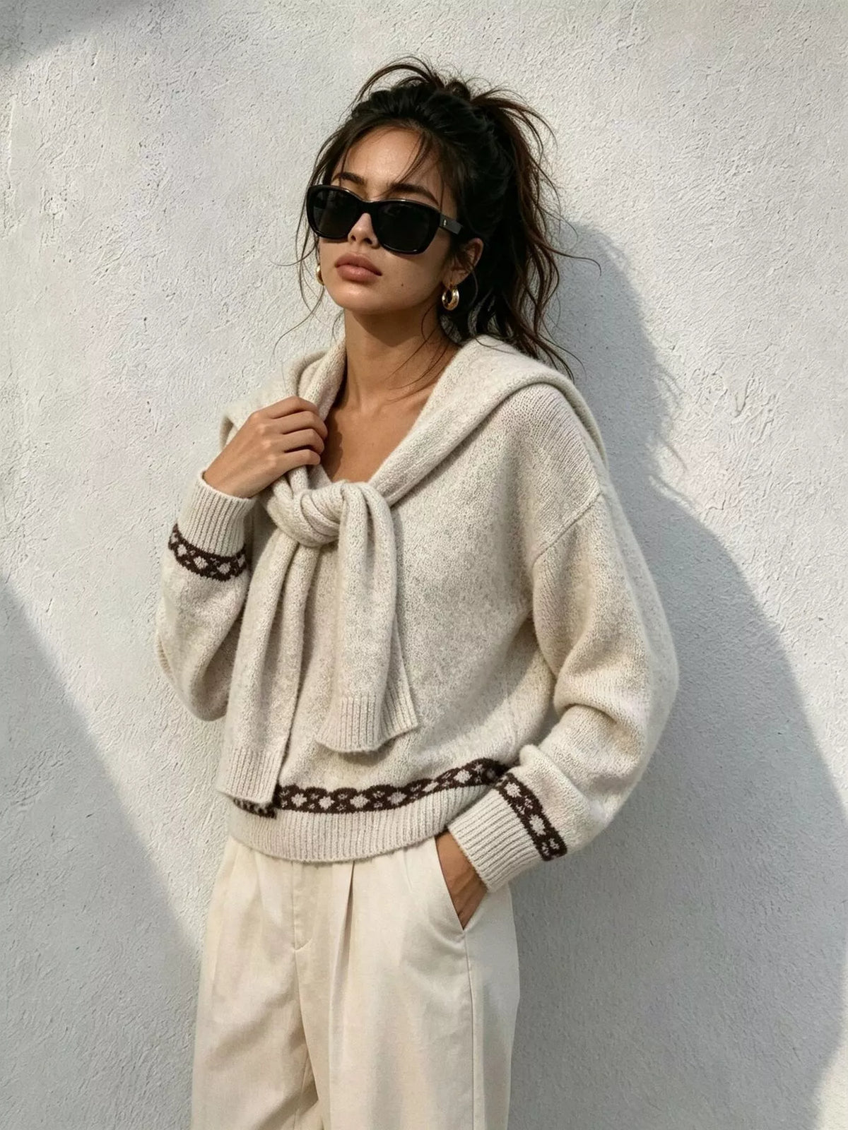 scarf detail dropped shoulder sweater – basic style | dropsona - neutral - material texture