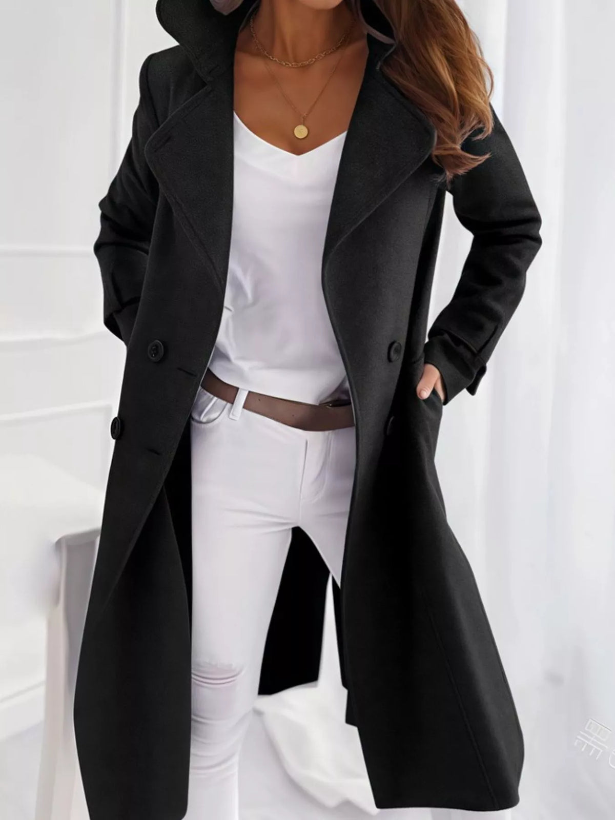 double-breasted long trench outerwear | dropsona - neutral - close-up detail