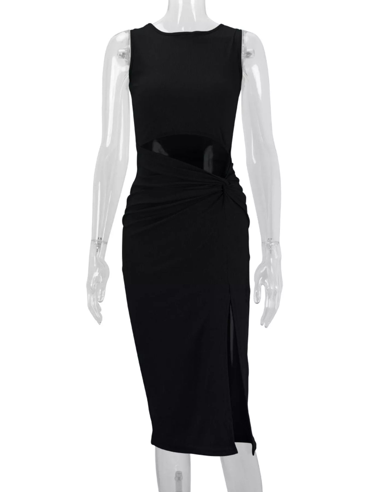 sleeveless cut-out ruched high-slit bodycon dress | dropsona - neutral - usage example