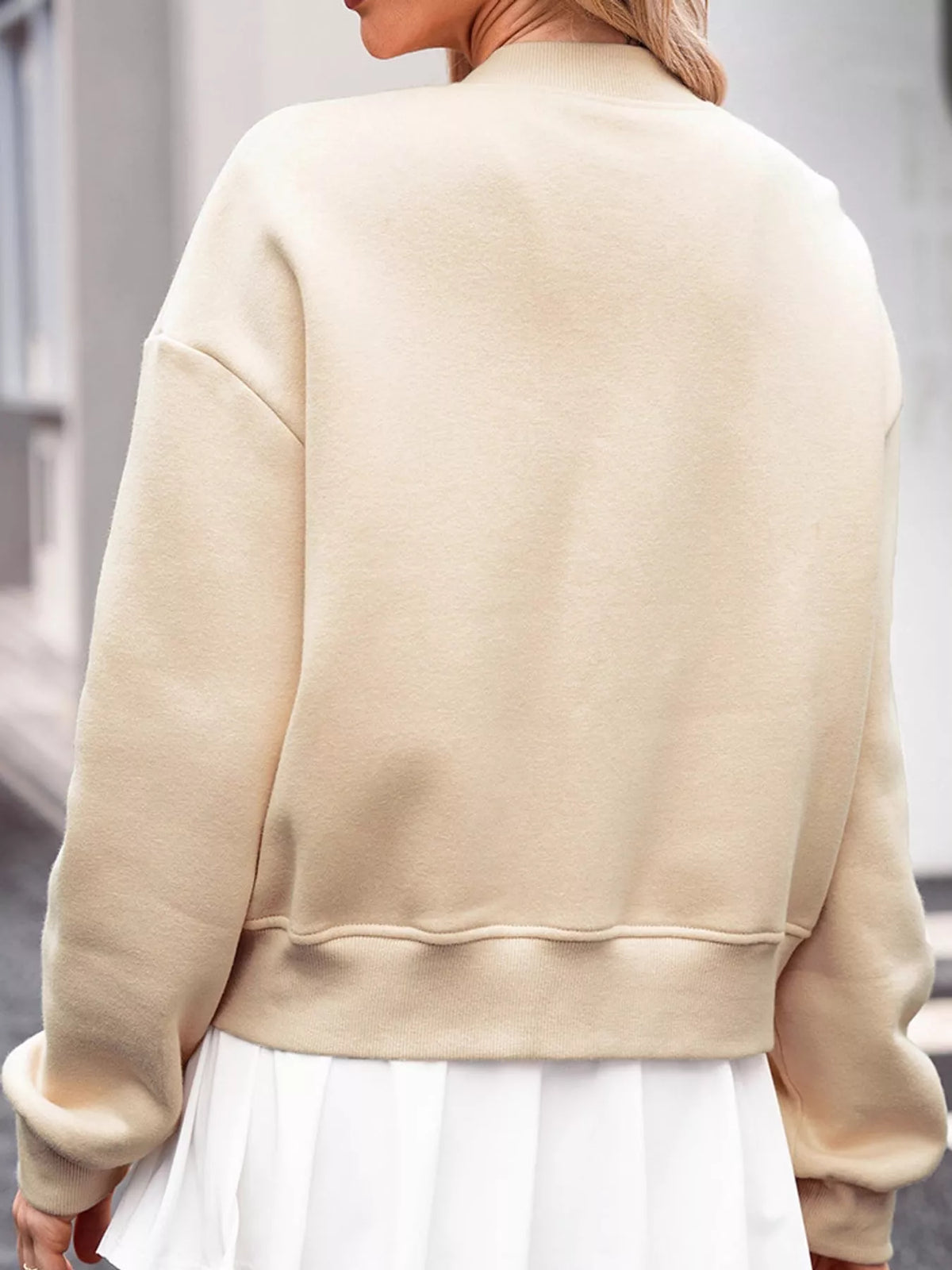 snap-button dropped shoulder jacket | dropsona - neutral - close-up detail