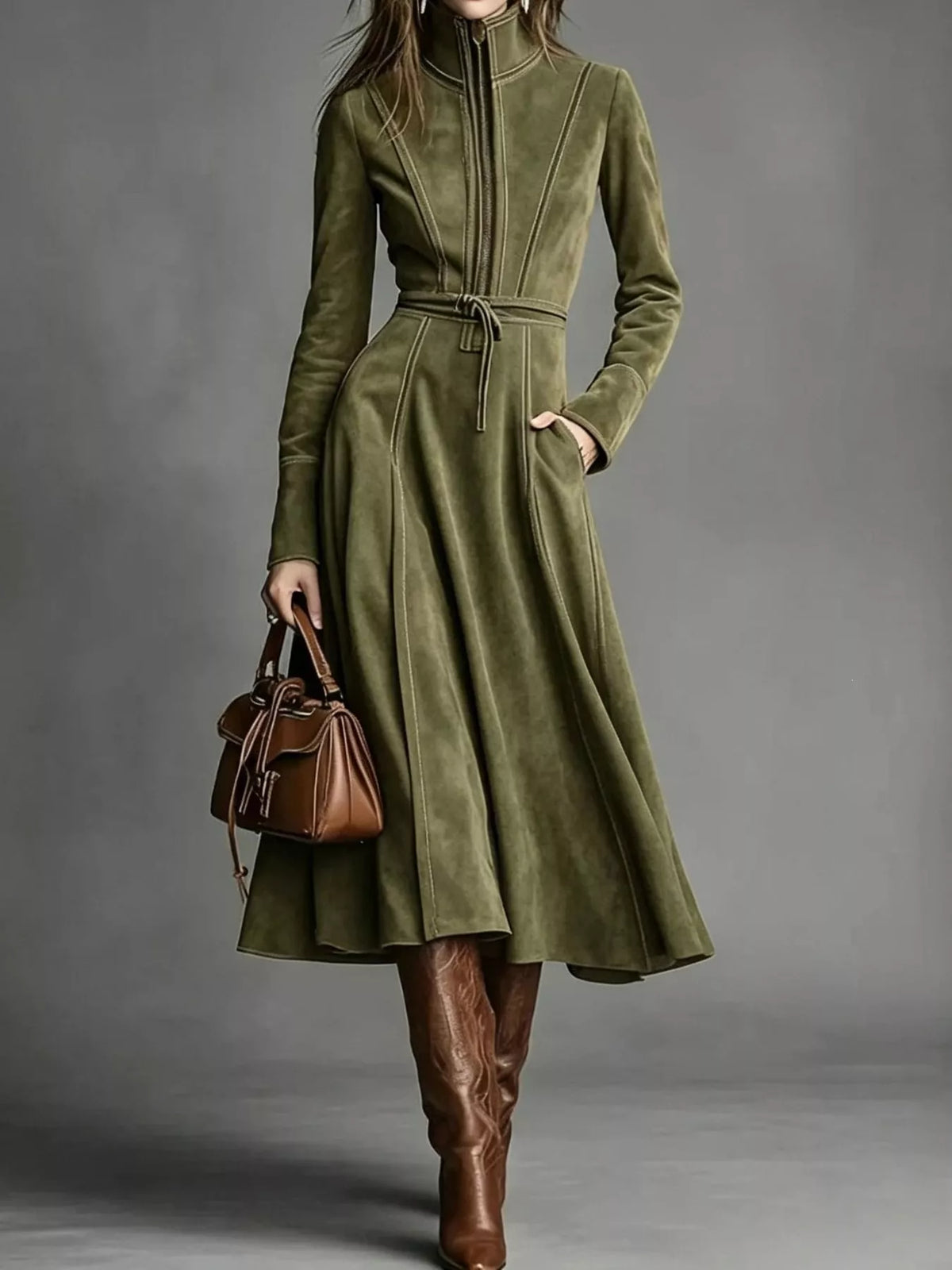 full size zipper front midi dress plus | dropsona - neutral - close-up detail