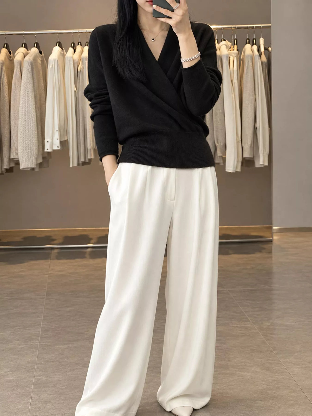 wrap-front long sleeve sweater – crisscross,ribbed fit | dropsona - neutral - front view