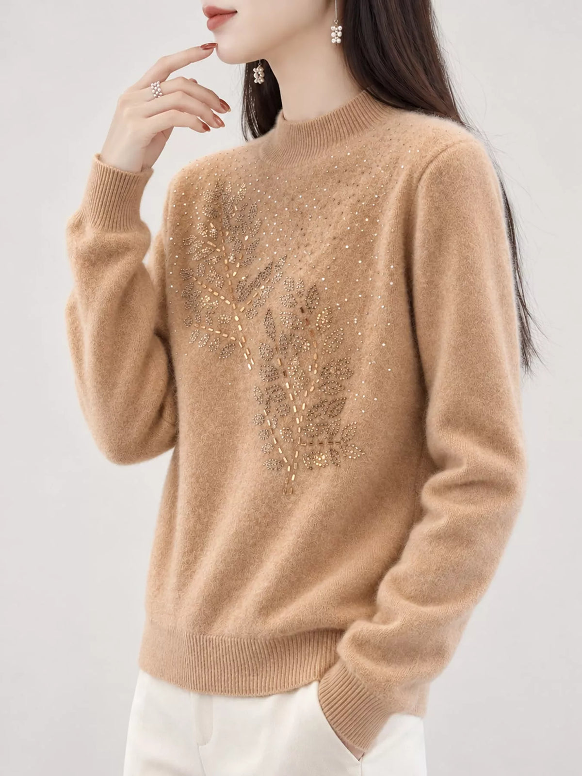rhinestone leaf mock neck sweater | dropsona polyester - neutral - material texture