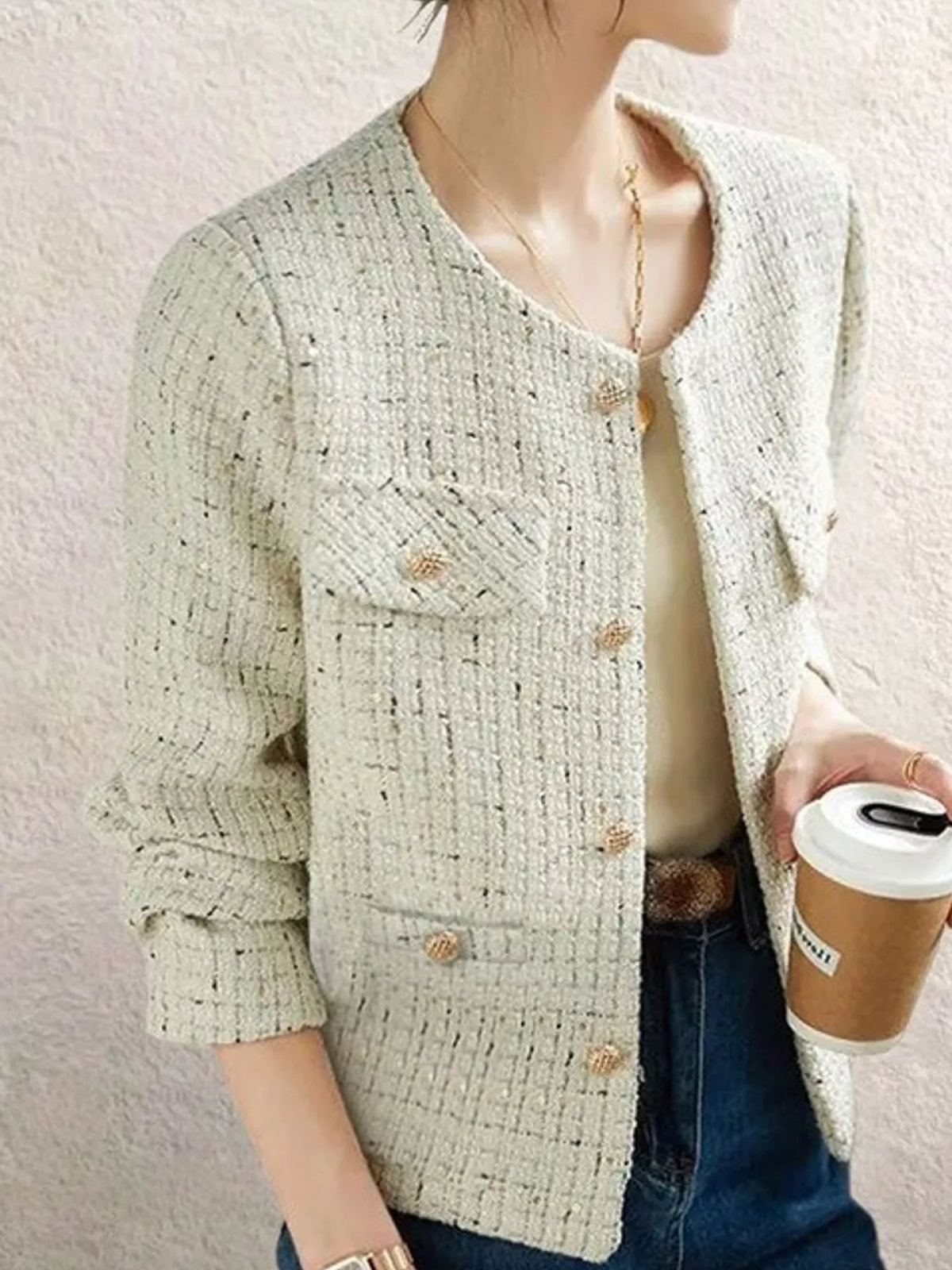 elegant tweed jacket with gold-tone button accents | dropsona - neutral - front view
