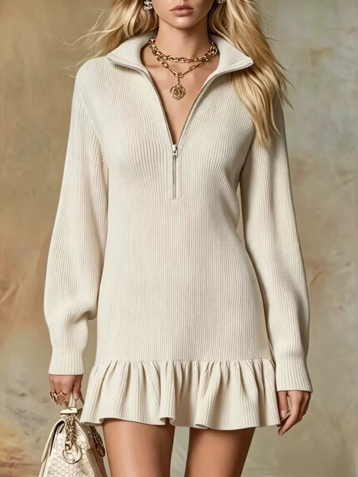 full size half zip ruffled hem dress plus | dropsona - neutral - packaging