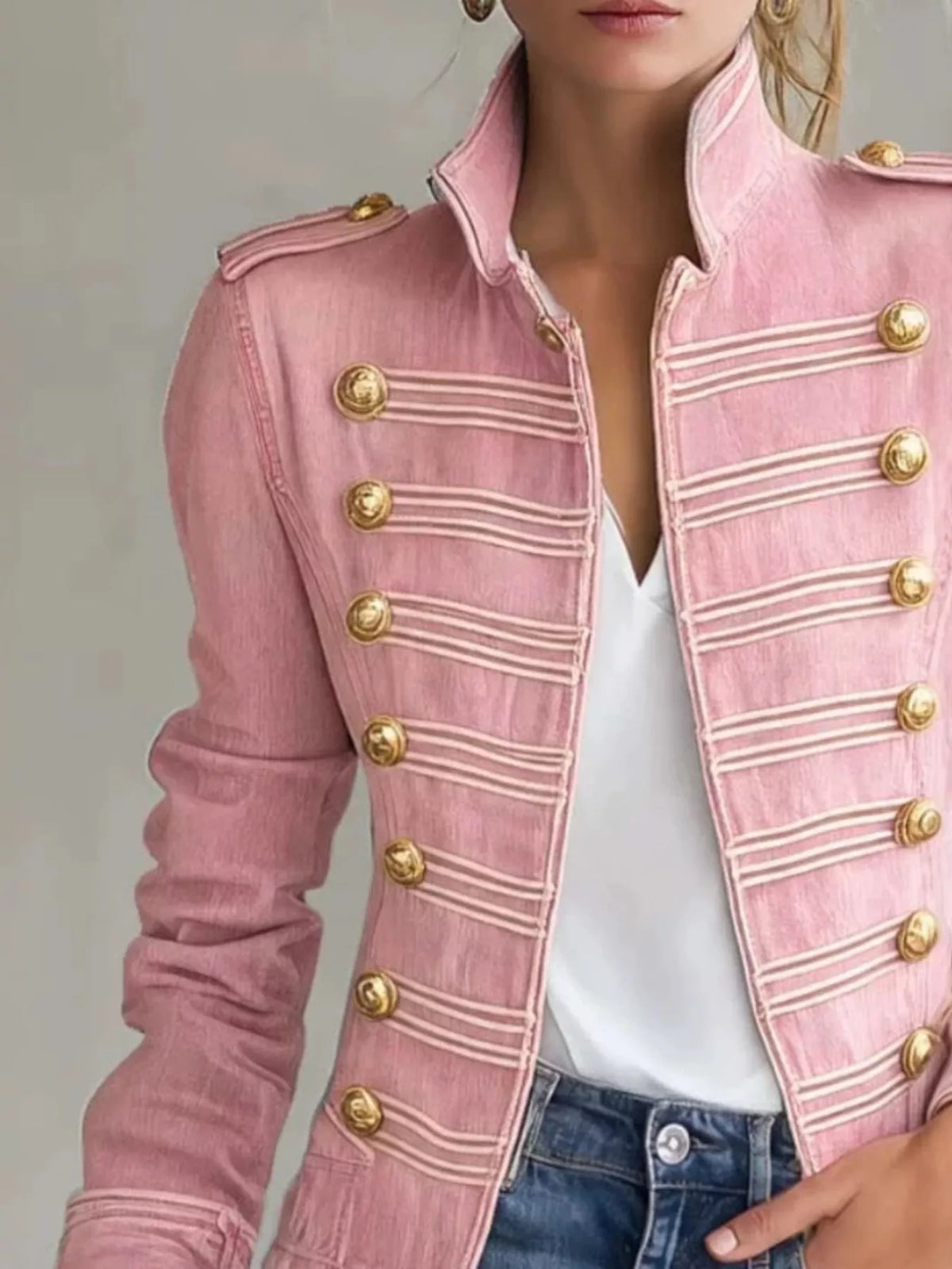 military-inspired denim jacket with gold button | dropsona - neutral - size reference