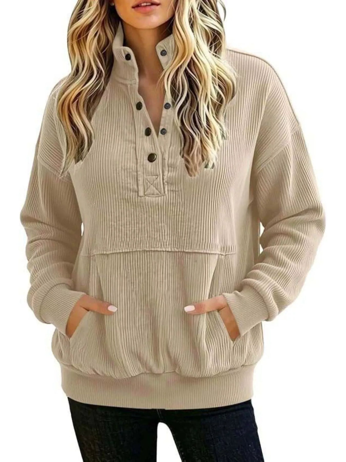 full size quarter snap kangaroo pocket sweatshirt | dropsona - neutral - size reference