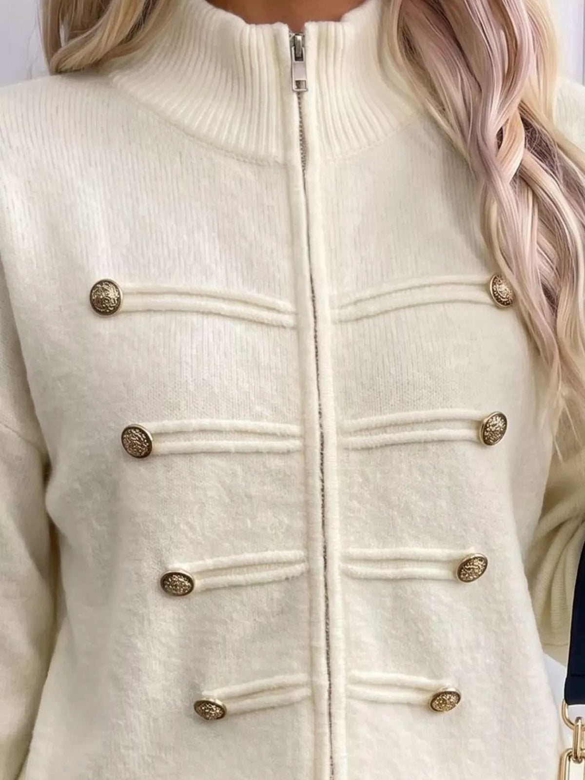 zip-up long sleeve cardigan – decorative button | dropsona - neutral - material texture