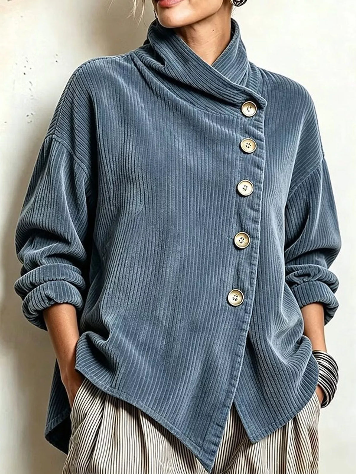 full size asymmetric button-down corduroy jacket plus | dropsona - neutral - front view